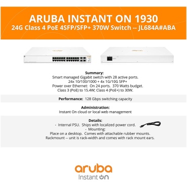 ⁦SWITCH 24-PORT IOn 1930 24G 4SFP+ PoE+ 370W Aruba⁩ – תמונה ⁦3⁩