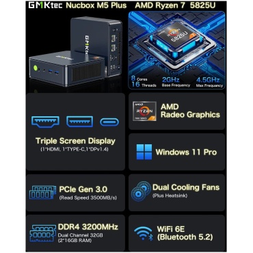 ⁦GMKtec NucBox M5 Plus AMD R7-5825U/16GB/512GB/W11Pro⁩ – תמונה ⁦3⁩