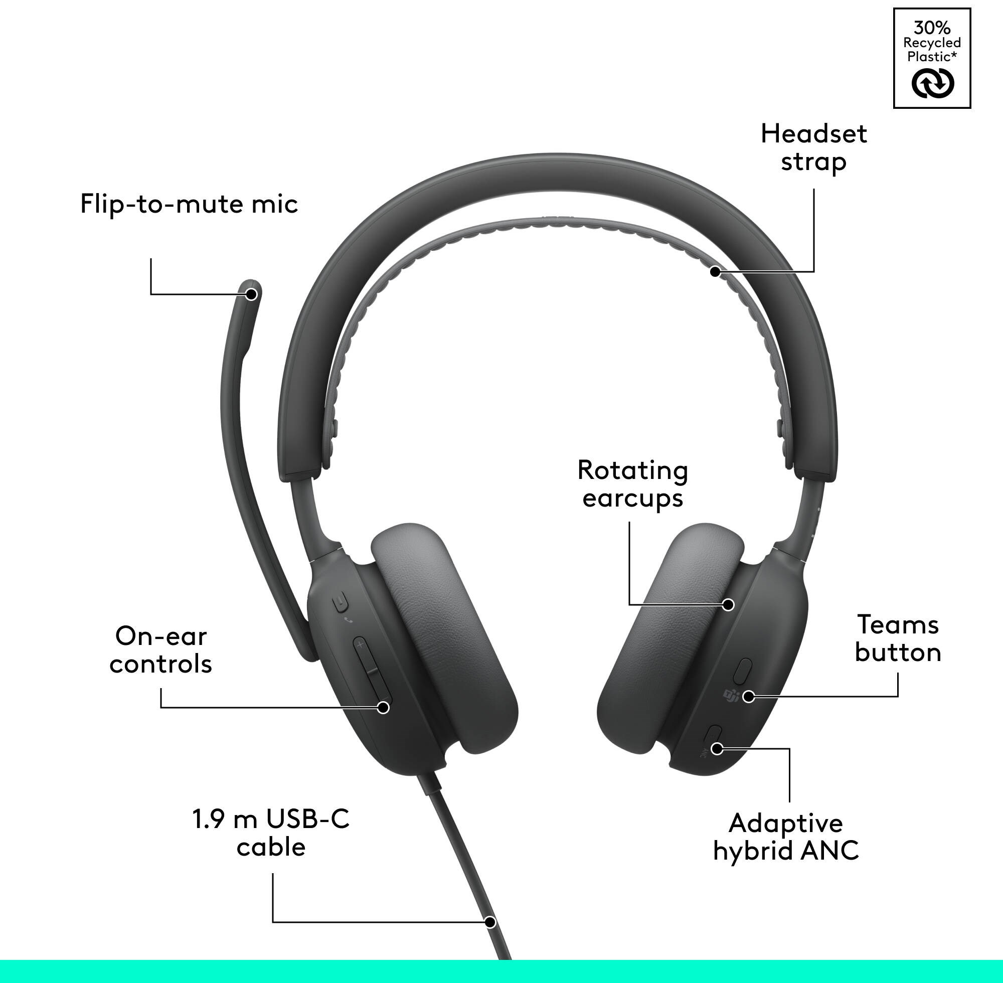 Logitech USB Headset Zone Wired 2 for Business (Teams version)-GRAPHITE – תמונה 13