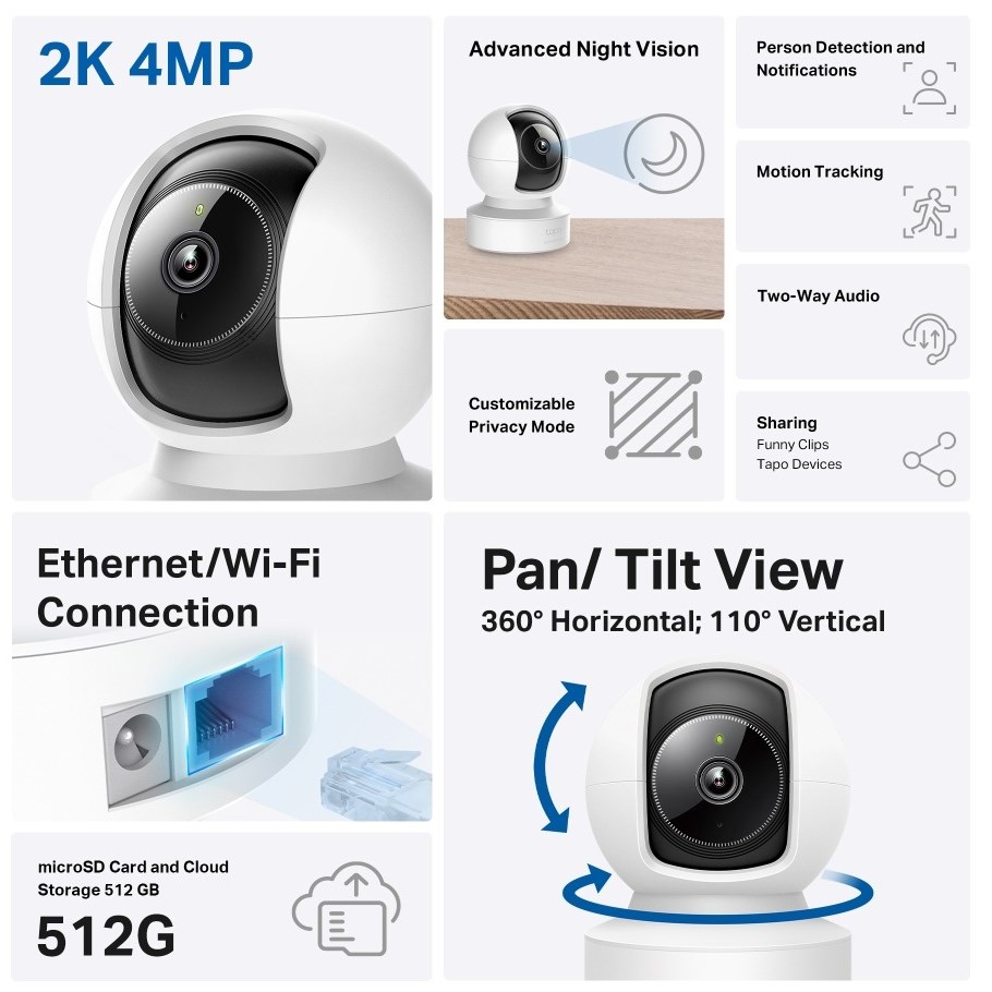 TAPO C222 WIFI Pan/Tilt AI Home Security 4MP – תמונה 4